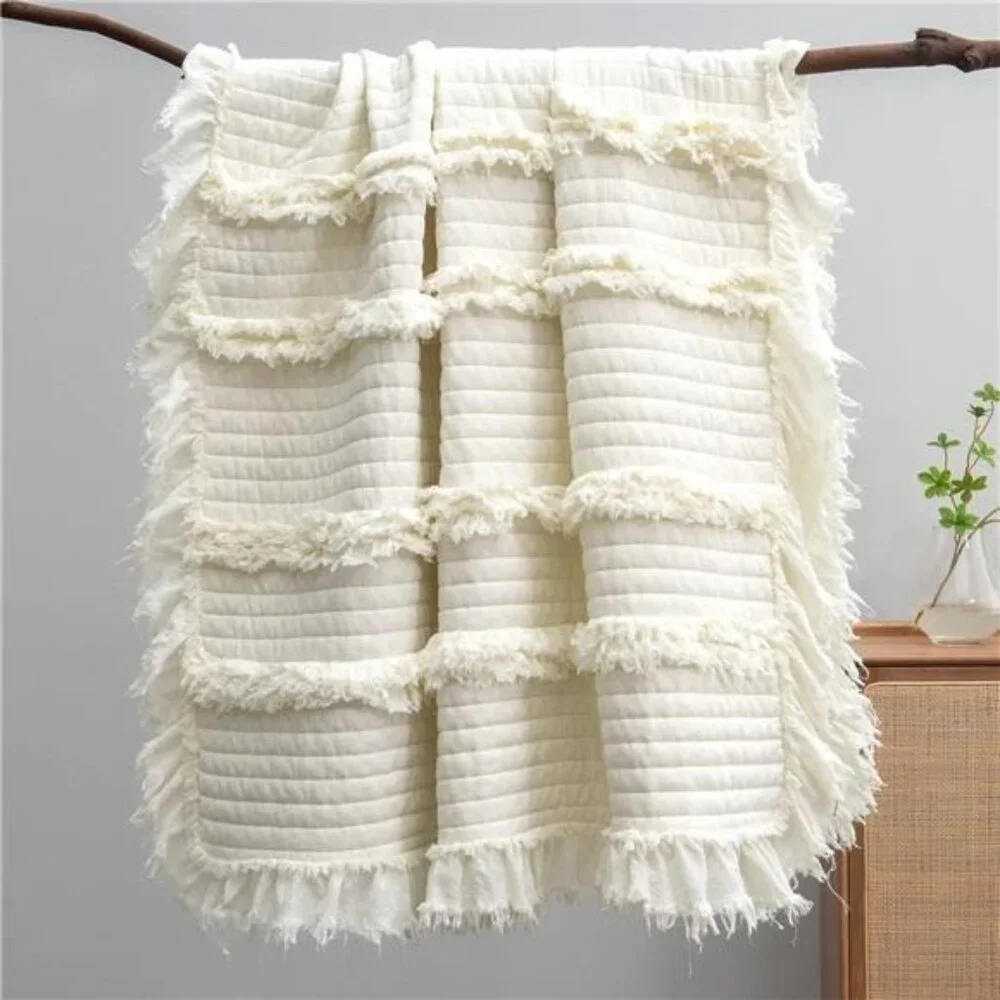 NEW West Elm Boho White Quilted Ruffle Knit Throw Blanket Bedding - 60